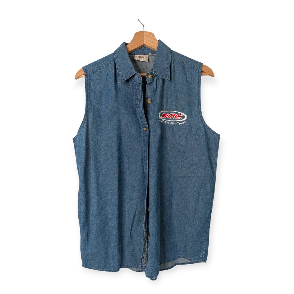 Vintage South Omaha Cycle SOC sleeveless denim button-up shirt Medium